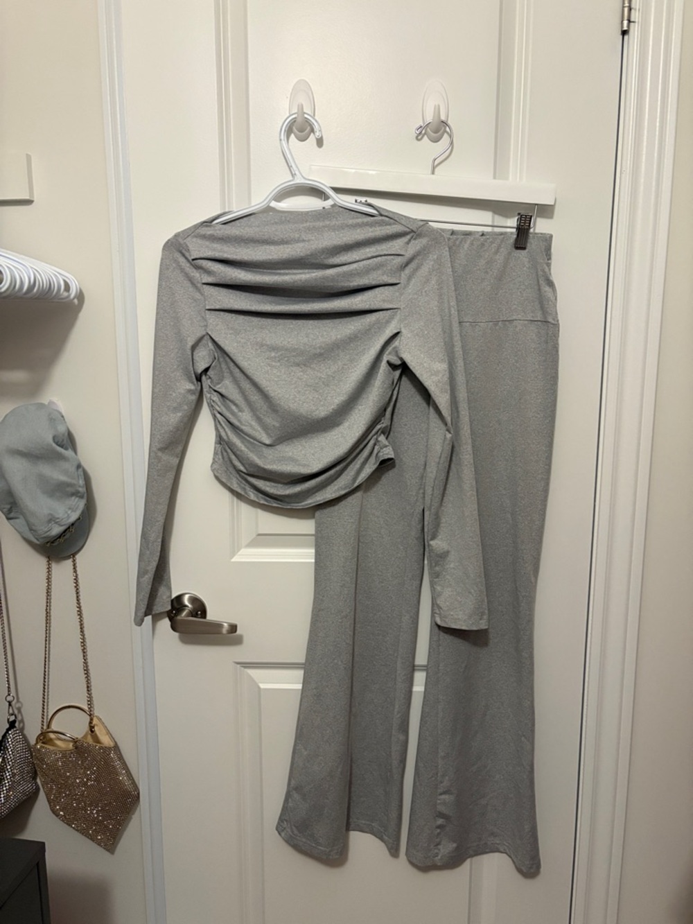SHEIN Silver Ruched Long Sleeve Top & Wide-Leg Pants Set